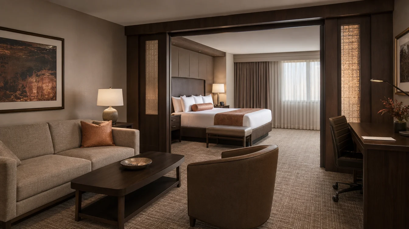 Hotel room package with coordinated bed and seating furniture